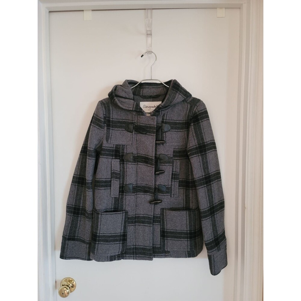 Aéropostale gray and black plaid hooded duffle coat